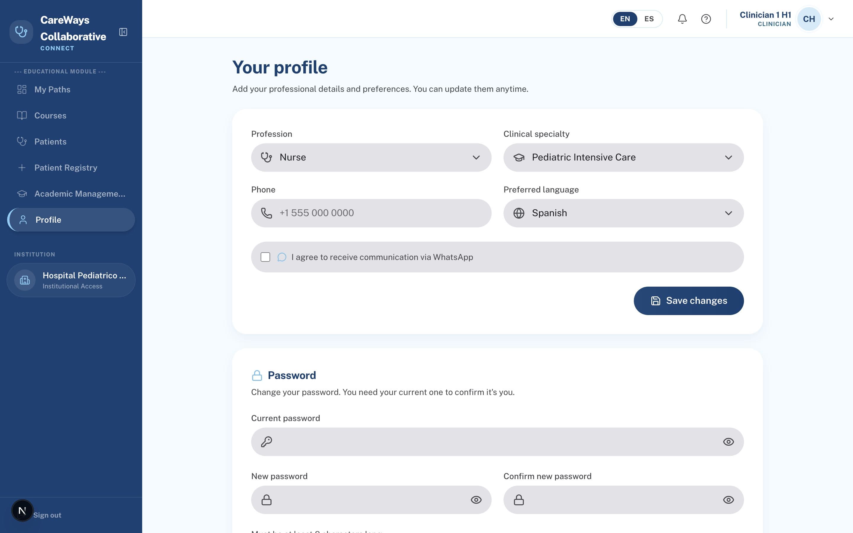 Platform screenshot: Profile and preferences
